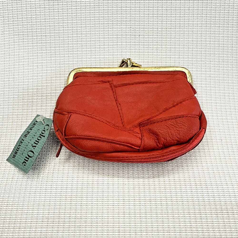 Vintage Colony One Red Leather Change Purse Kiss Lock Zipper Bottom w/ Keychain